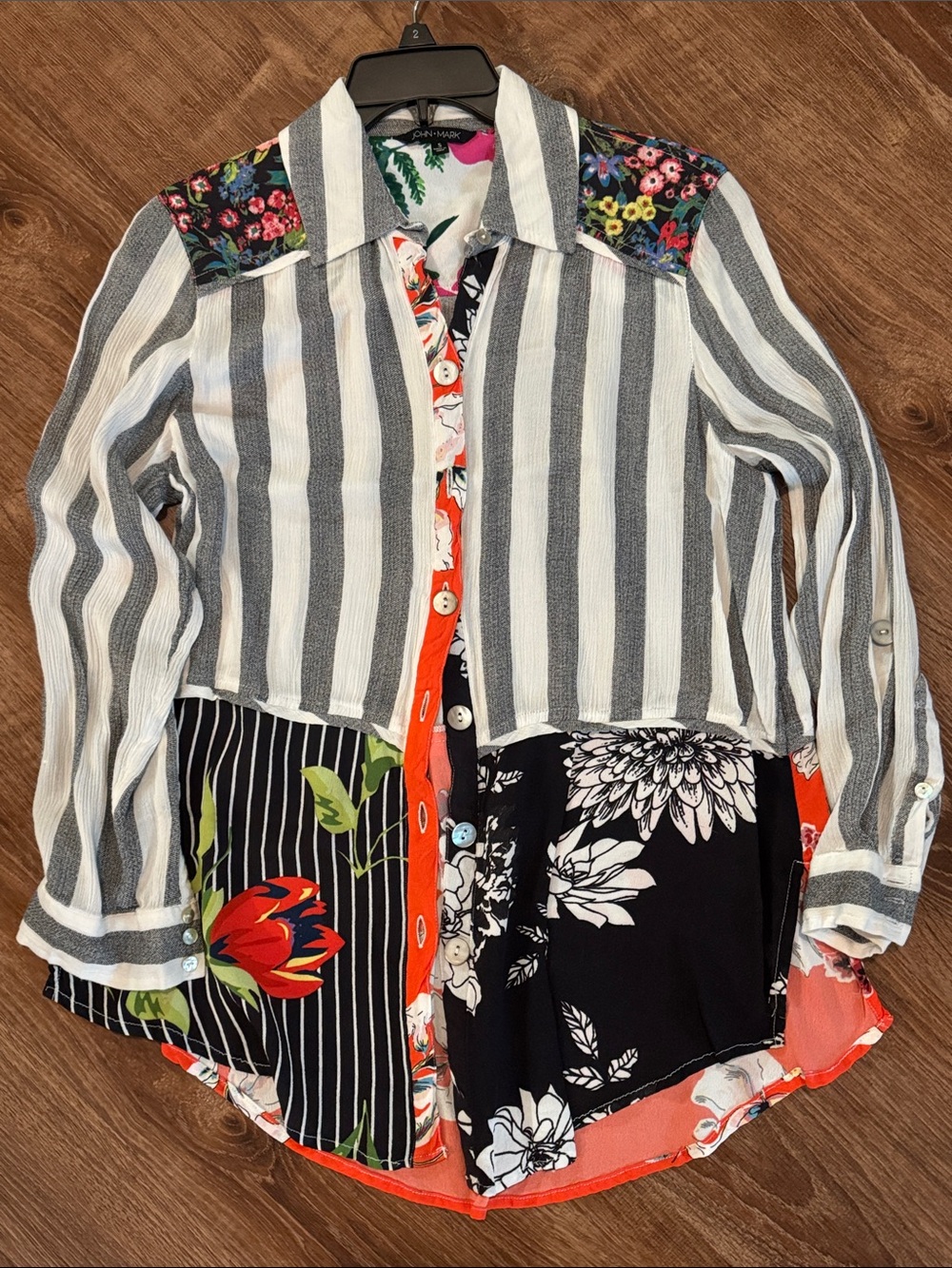 Multi-Print Striped Button-Down Women’s Shirt - Gray & White with Floral Panels